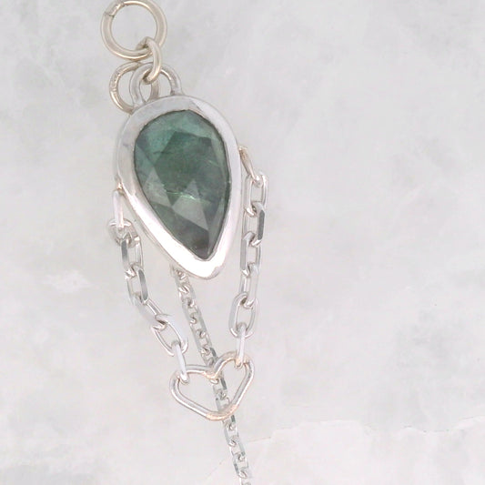 Blue Sapphire Pear with White Diamond Briolette and Heart