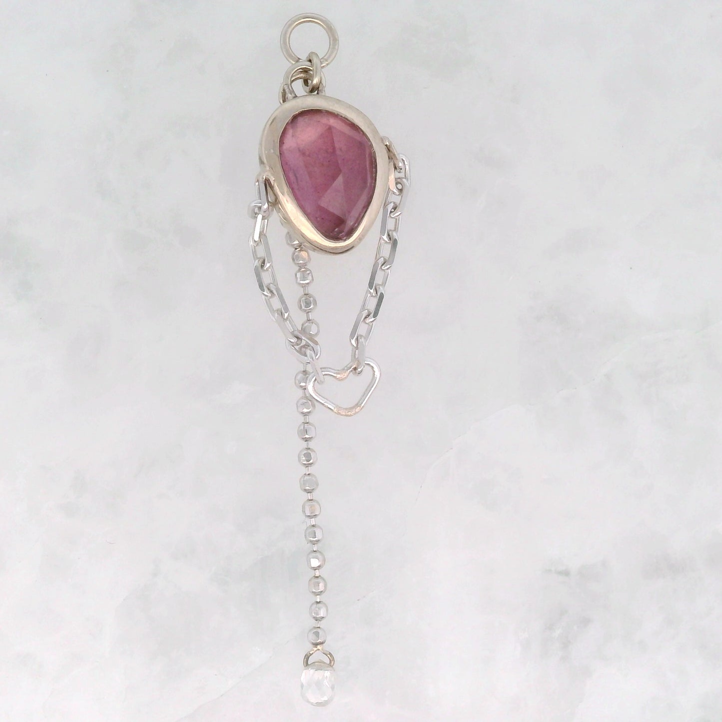 Pink Tourmaline Pear with White Diamond Briolette and Heart Dangle in White Gold
