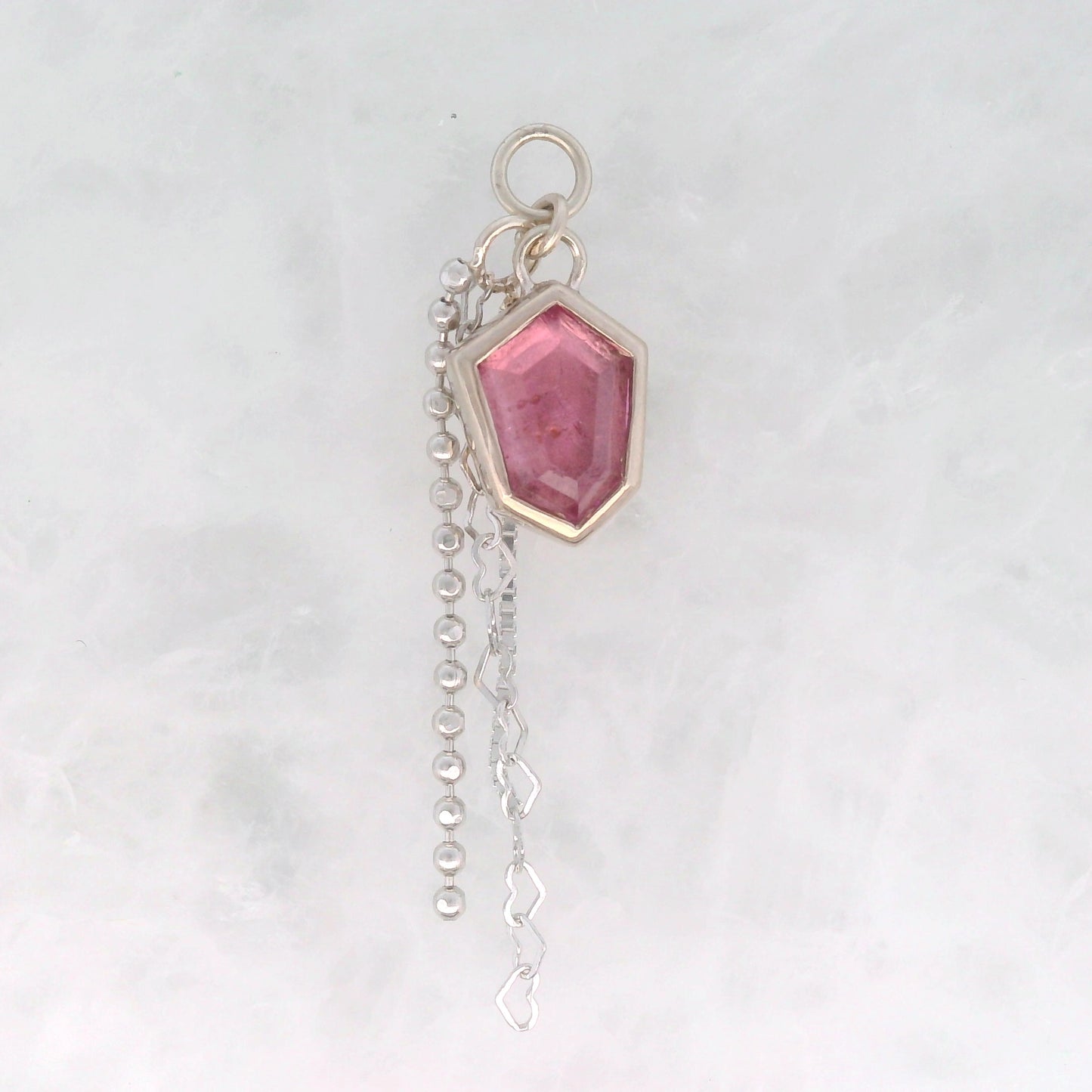 Pink Tourmaline Shield Dangle with Heart Chain in White Gold