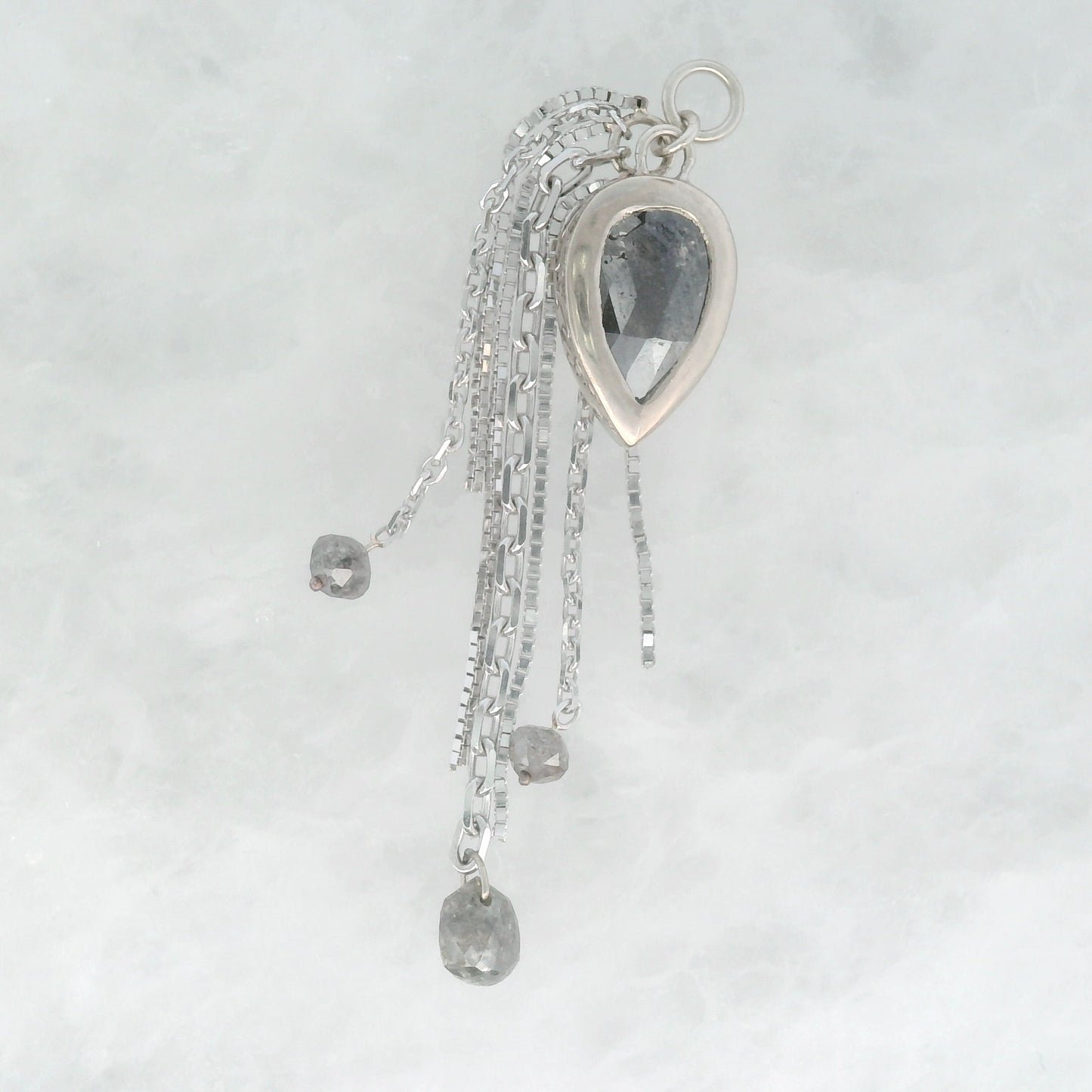 Salt and Pepper Diamond Pear with Salt and Pepper Briolettes - 14k White Gold - Dangle