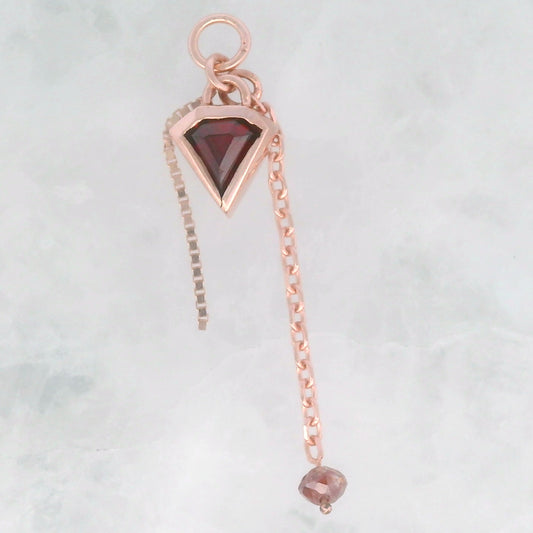 Red Garnet Geo Cut with Red Diamond Bead - 14k Rose Gold - Dangle