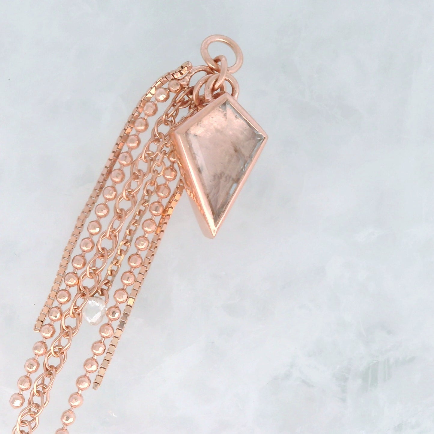 Tourmalinated Quartz Kite and White Diamond Briolette - 14k Rose Gold - Dangle