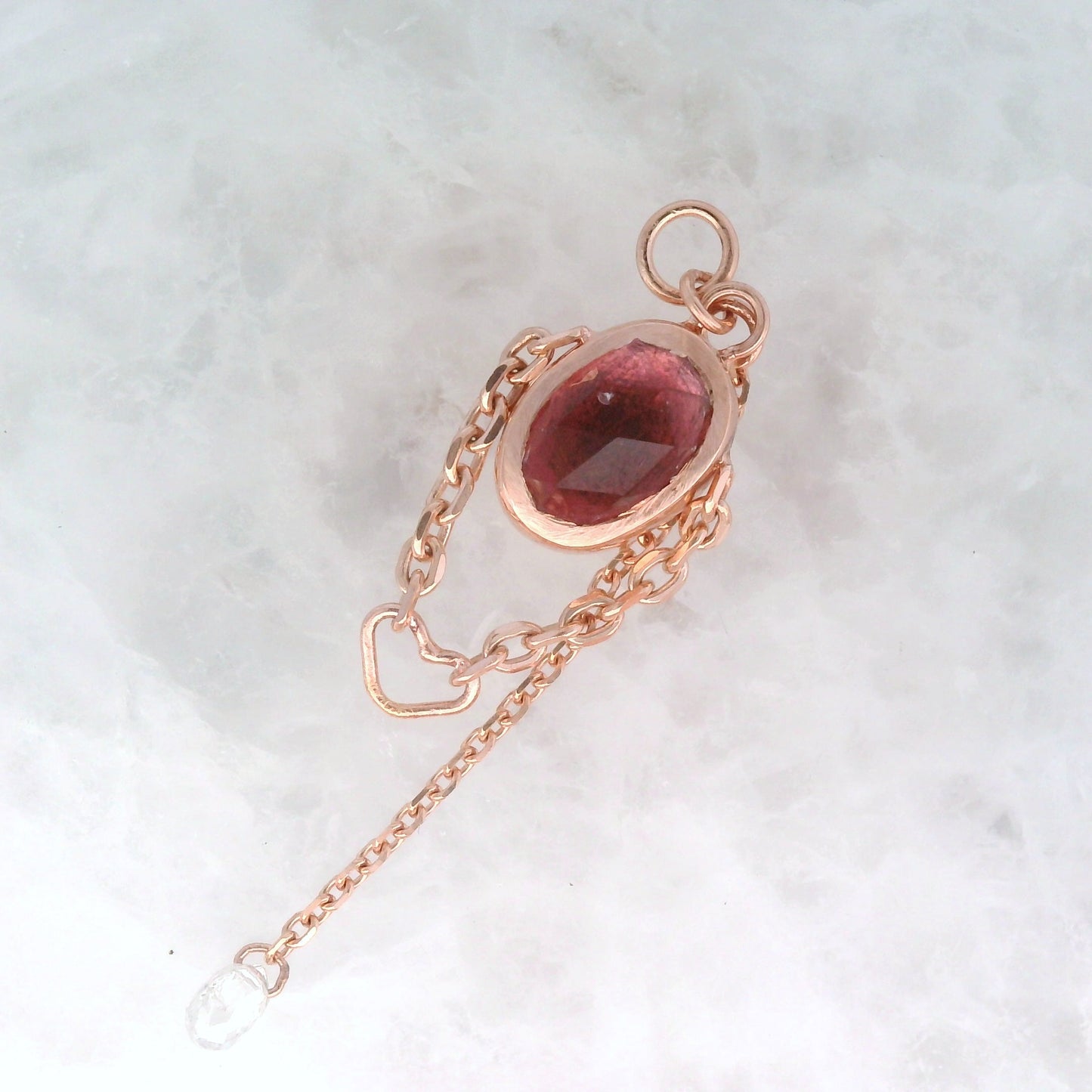 Pink Tourmaline Oval with White Diamond Briolette and Heart - 14k Rose Gold - Dangle