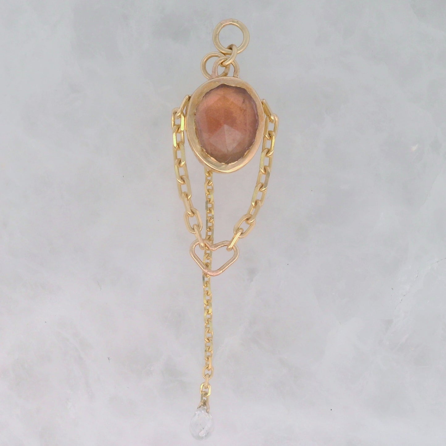 Pink Tourmaline Oval with Diamond Briolette - 14k Yellow Gold - Dangle