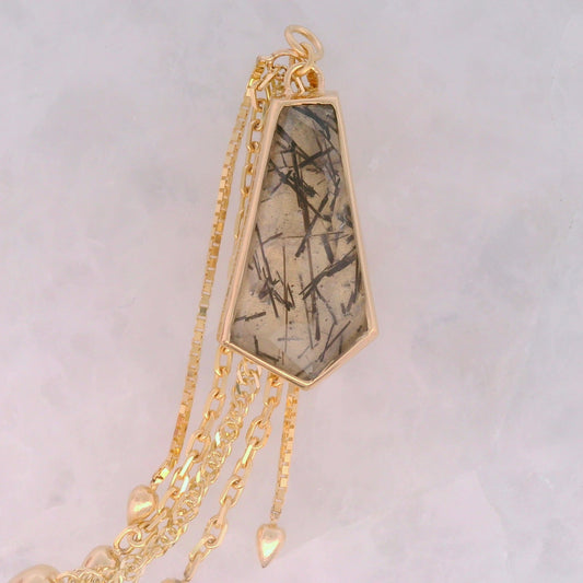 Geo Cut Tourmalinated Quartz Dangle with Five Droplets in Yellow Gold