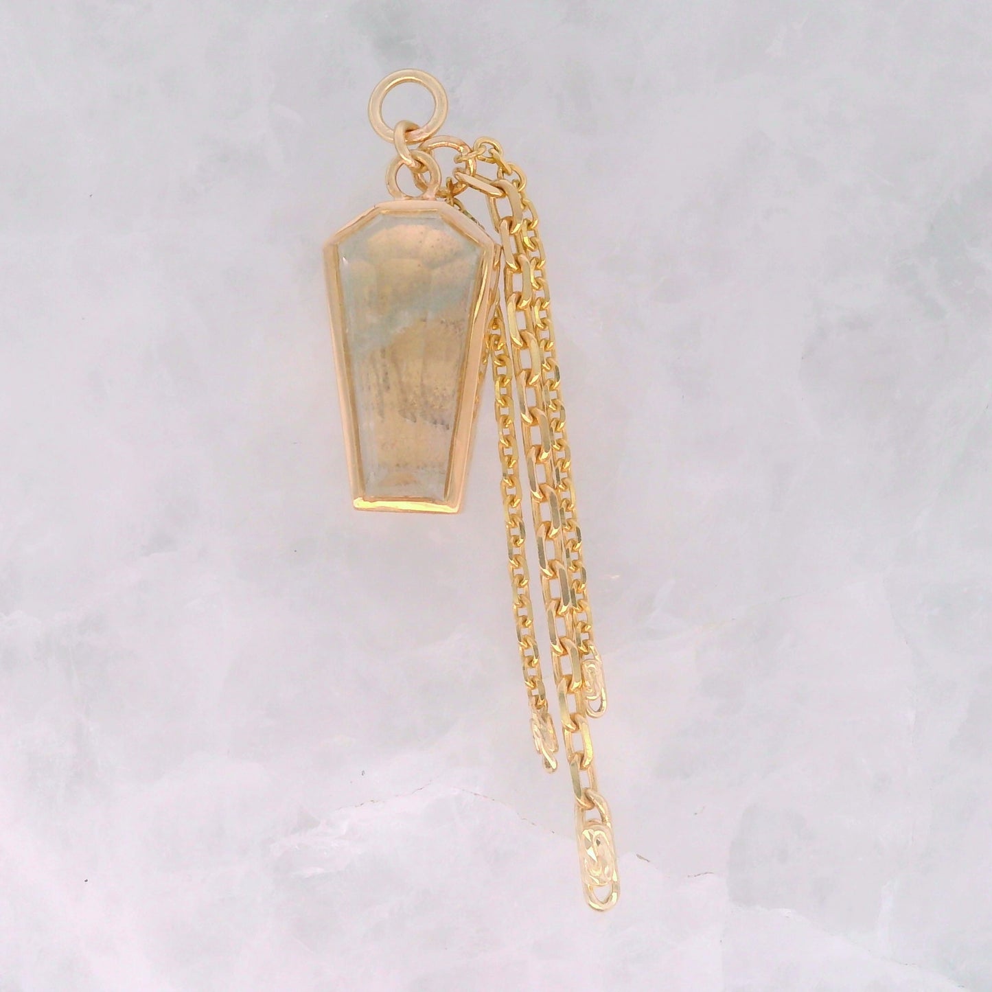 Quartz with Blue Inclusion Coffin Dangle in Yellow Gold