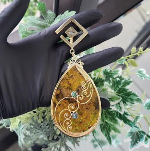 Pear Shaped Amber Hoops with Gold Filigree and Abalone