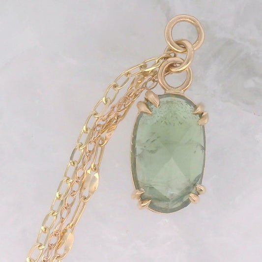 Chain Charm - Oval Green Madagascar Sapphire Claw Prong Yellow Gold