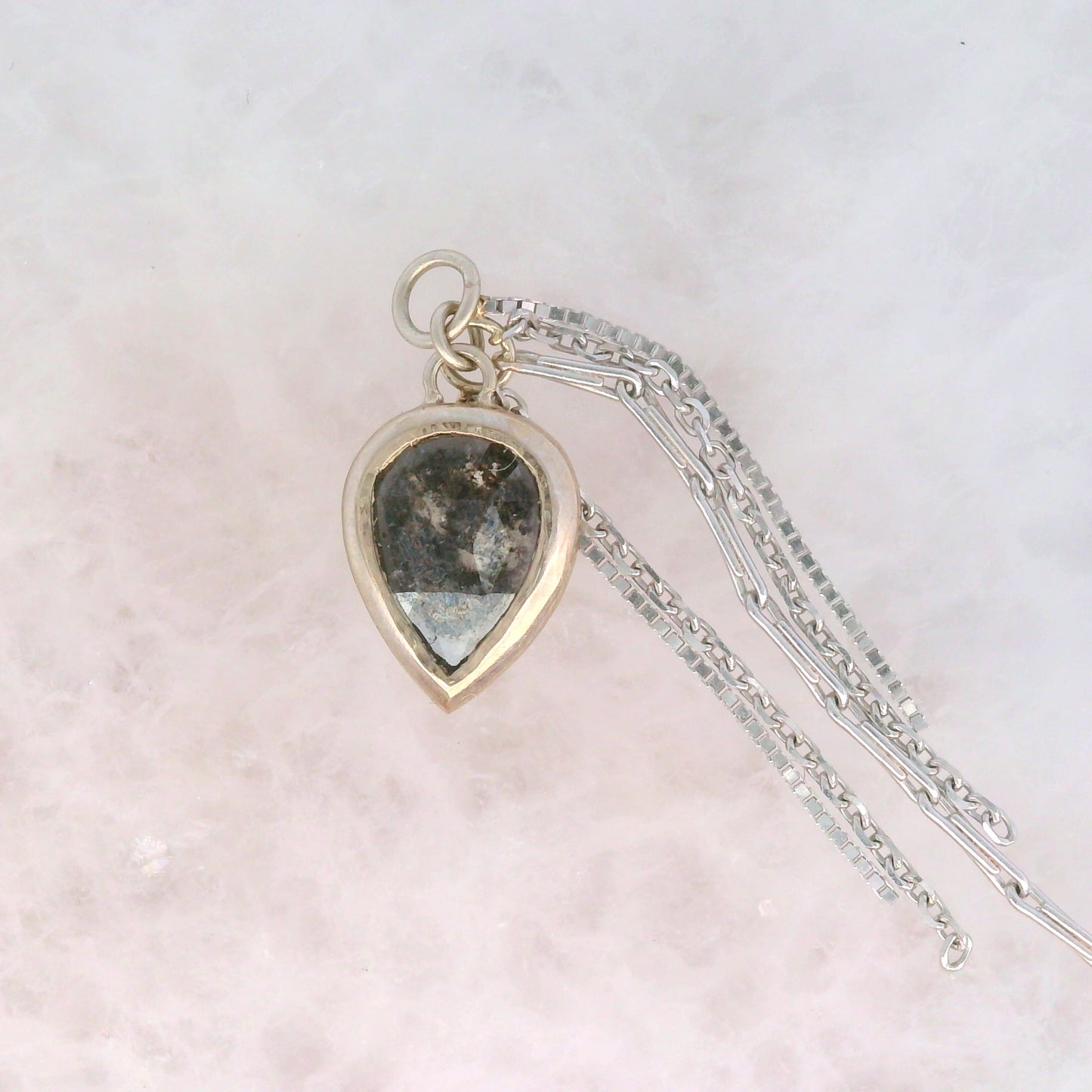 Rose Cut Dangle Salt and Pepper Diamond Pear in White Gold