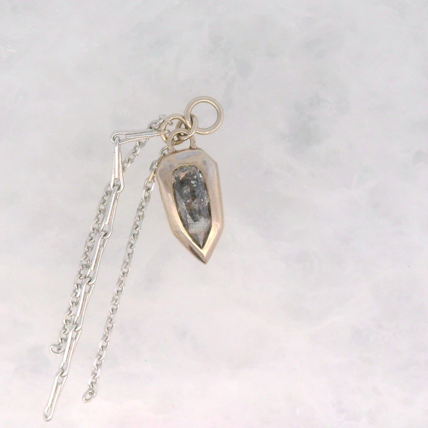 Rose Cut Dangle Salt and Pepper Diamond Shield in White Gold