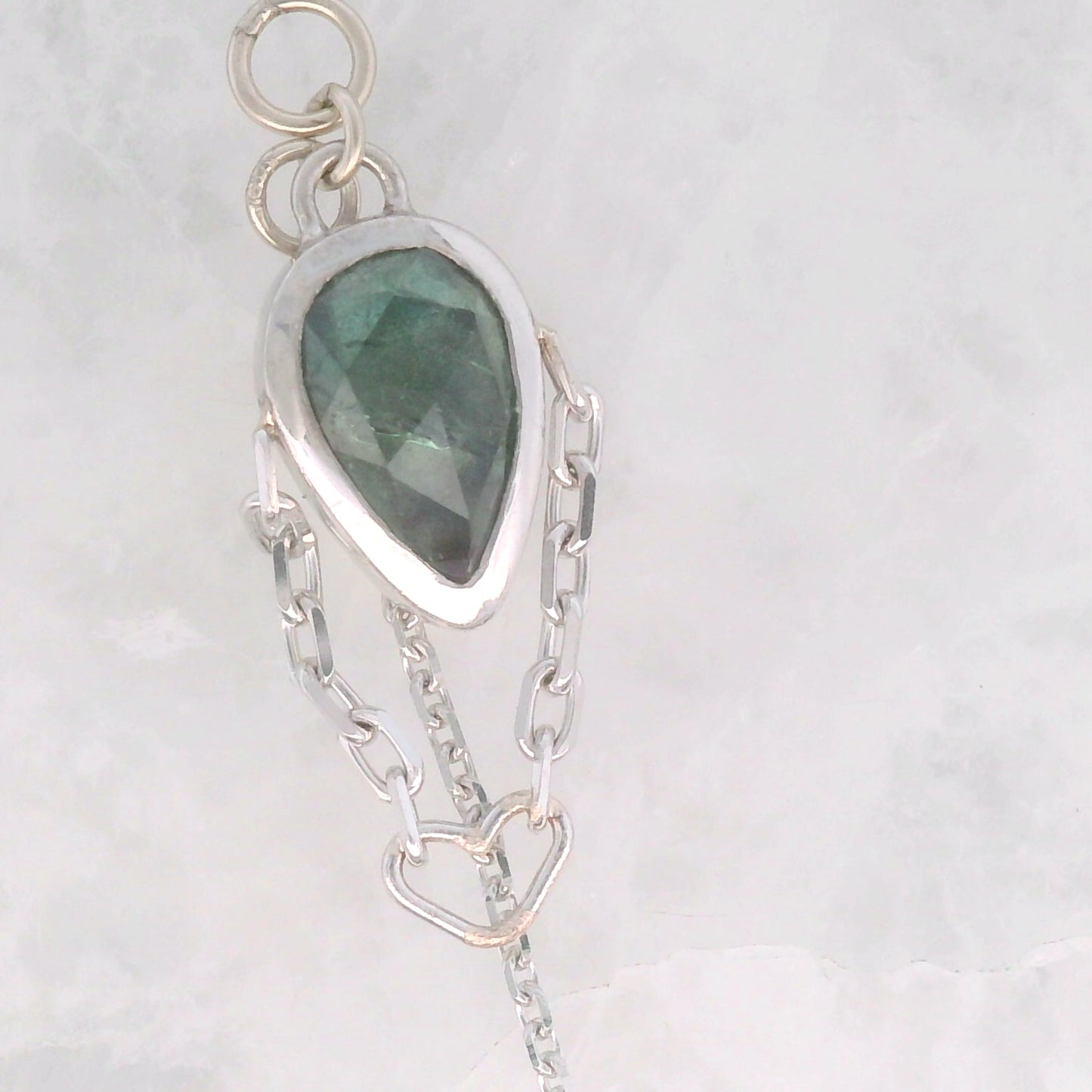 Blue Sapphire Pear with White Diamond Briolette and Heart