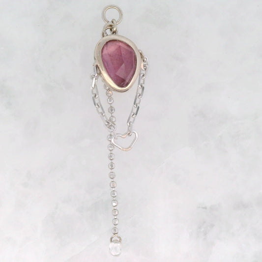 Pink Tourmaline Pear with White Diamond Briolette and Heart Dangle in White Gold