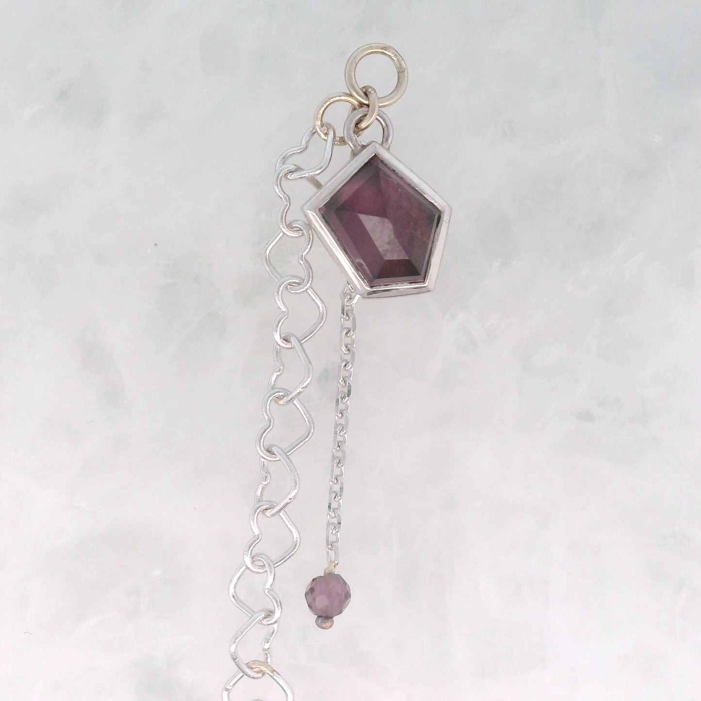 Purple Spinel Geo Cut Dangle with Heart Chain and Amethyst Bead in White Gold