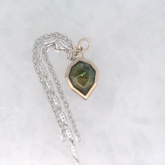 Blue Green Sapphire Shield Dangle in White Gold