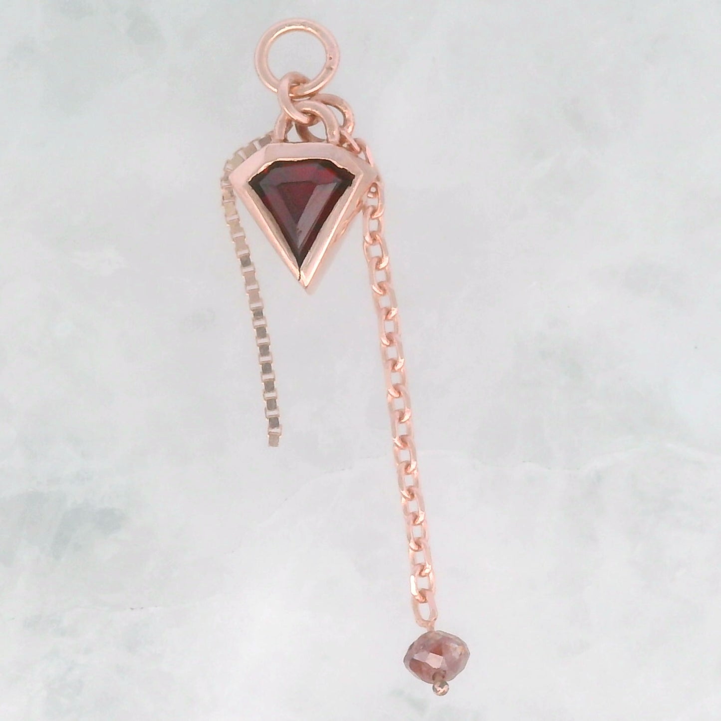 Red Garnet Geo Cut with Red Diamond Bead - 14k Rose Gold - Dangle