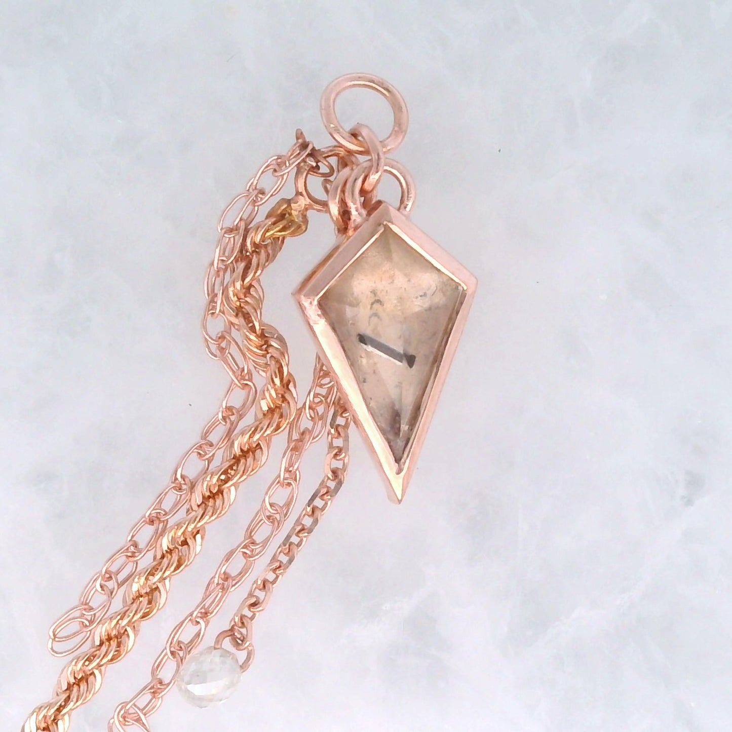 Tourmalinated Quartz Kite with White Diamond - 14k Rose Gold - Dangle