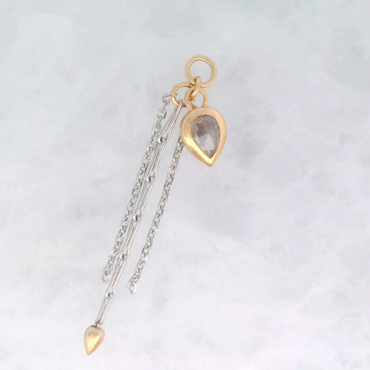 Rose Cut Grey Diamond Pear Tear Drop Dangle in Yellow Gold with White Gold Chains