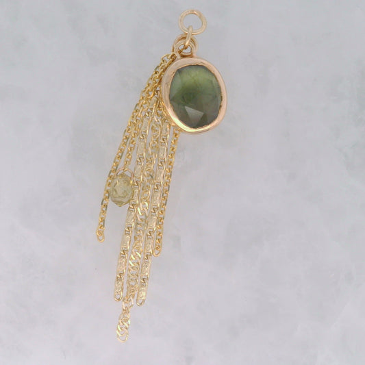 Peridot with Ludugwite Oval with Green Diamond Briolette Dangle in Yellow Gold