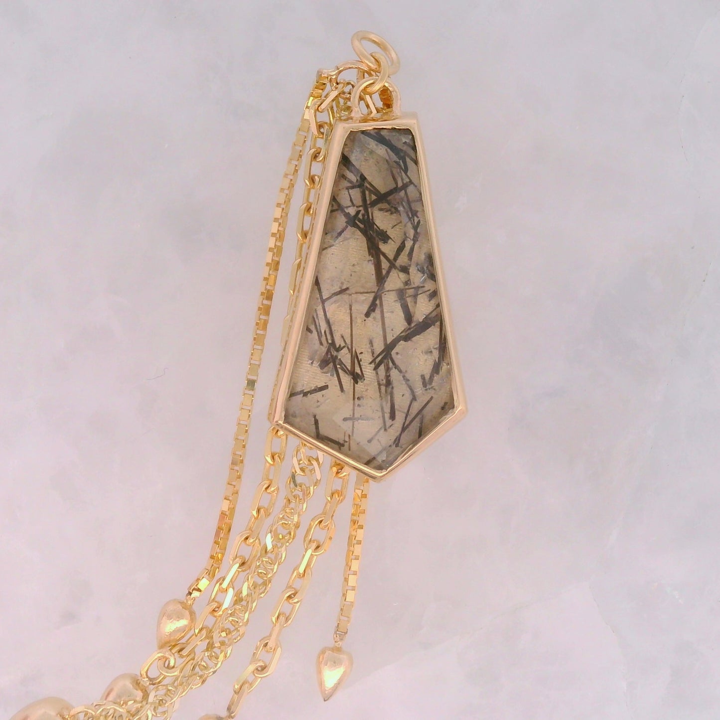 Geo Cut Tourmalinated Quartz Dangle with Five Droplets in Yellow Gold