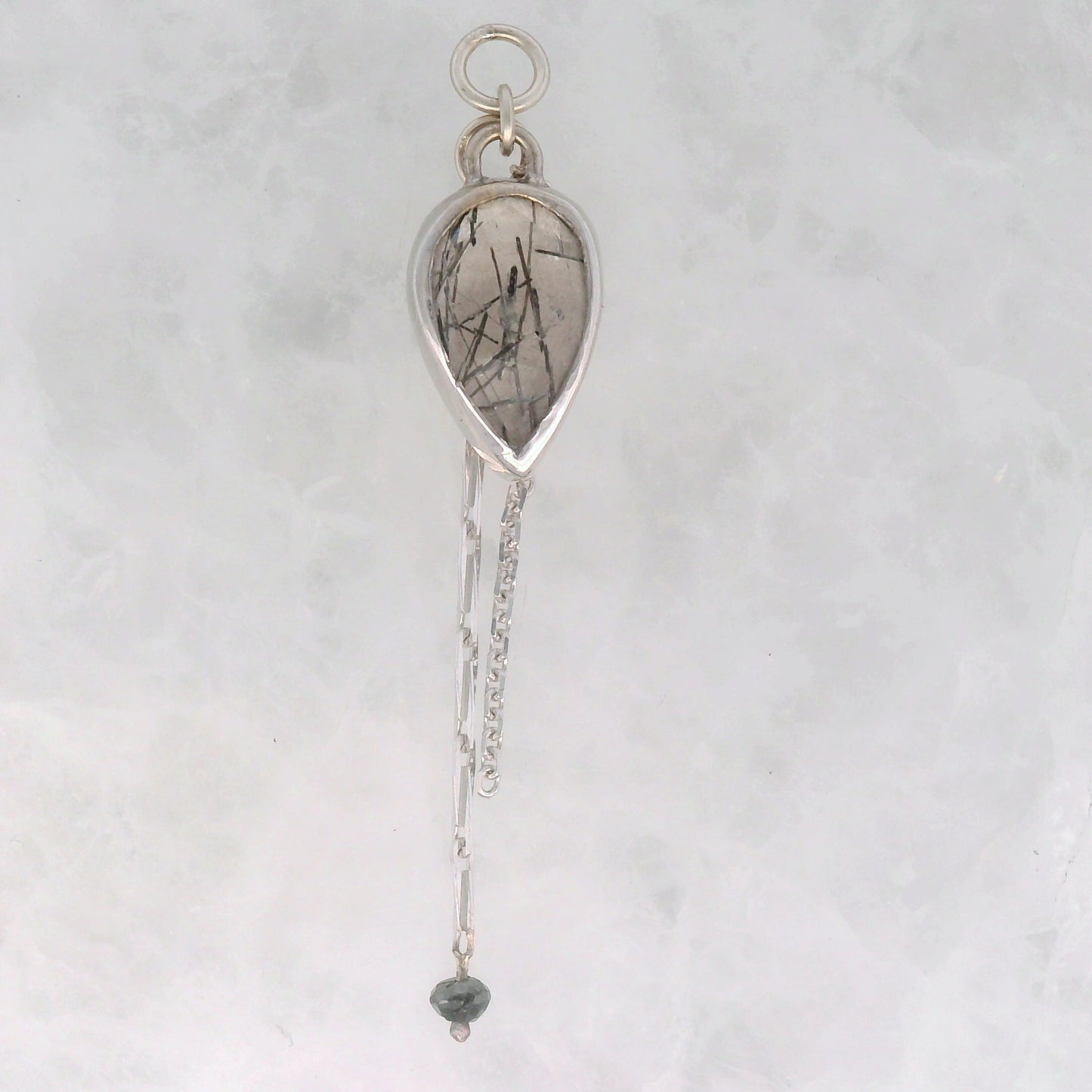 Tourmalinated Quartz Pear with Black Diamond Bead Dangle in White Gold