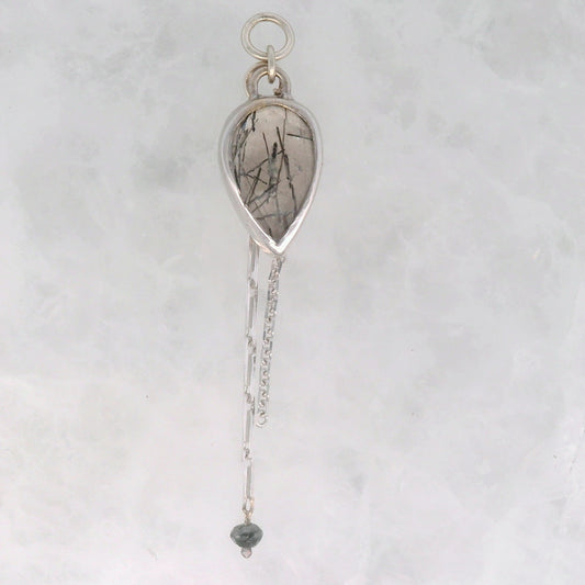 Tourmalinated Quartz Pear with Black Diamond Bead Dangle in White Gold
