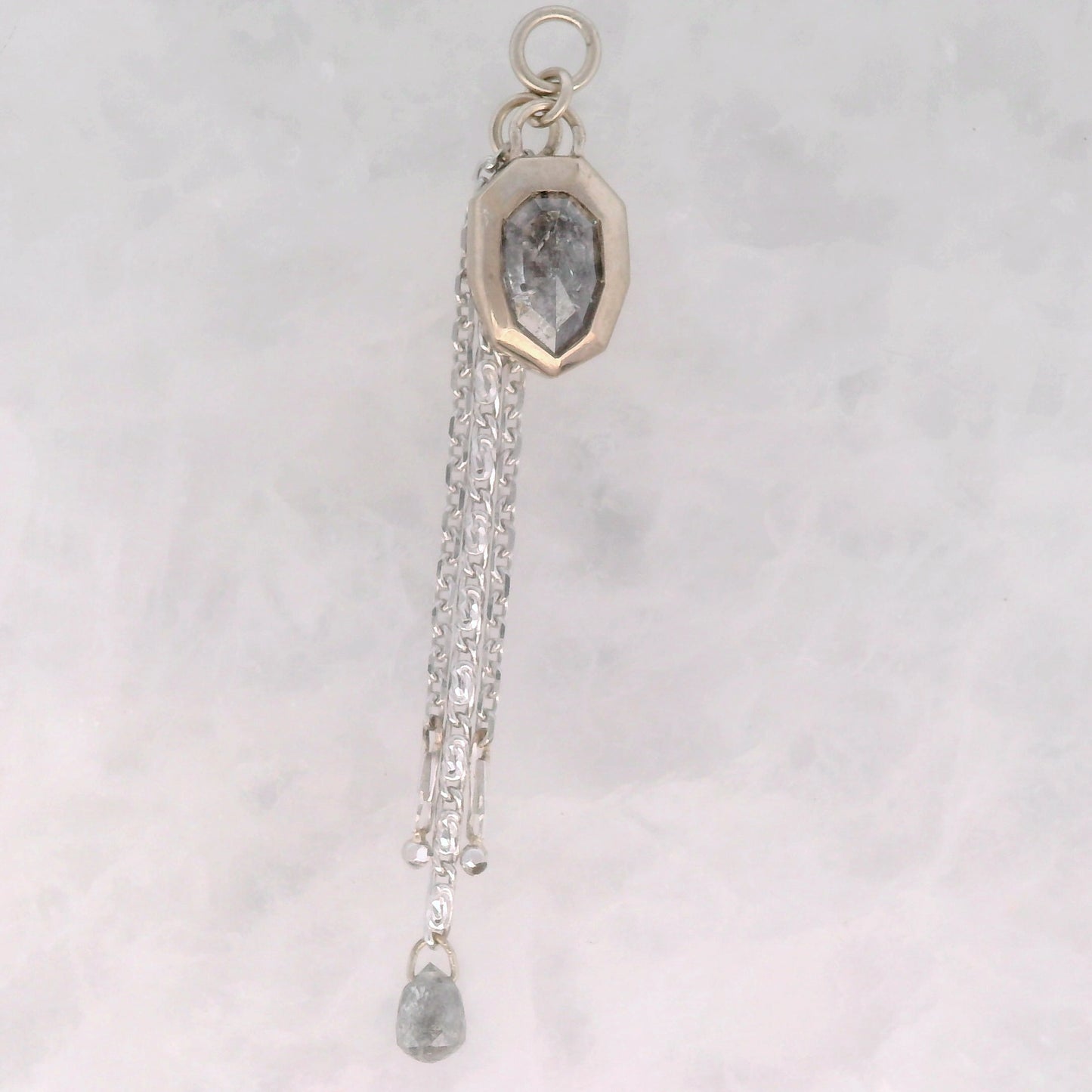 Salt and Pepper Diamond Shield with Salt and Pepper Briolette Dangle in White Gold